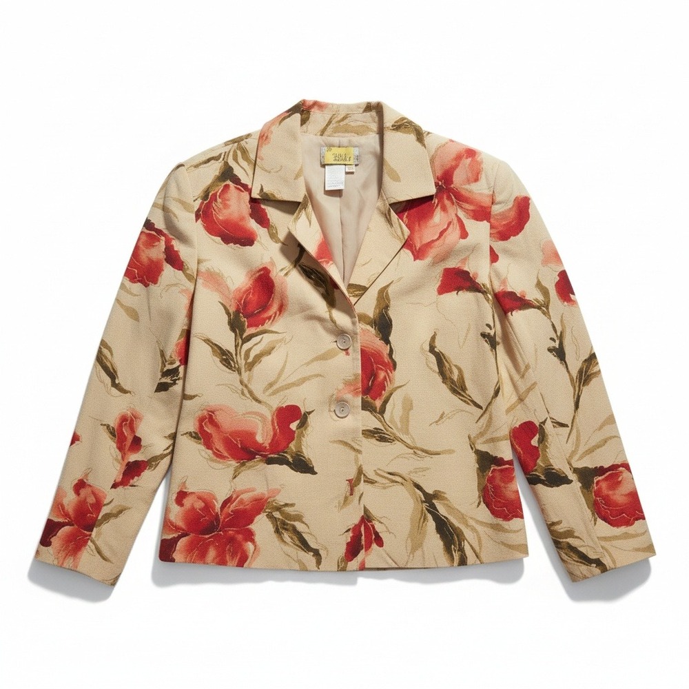 Coldwater Creek Petite Floral Blazer, Women's Small Jacket, Silk Linen, Tan Red
